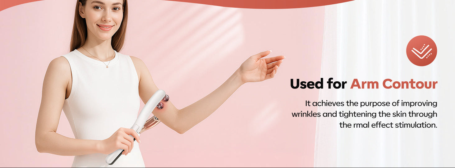 Woman using an arm contouring device with text on a pink background