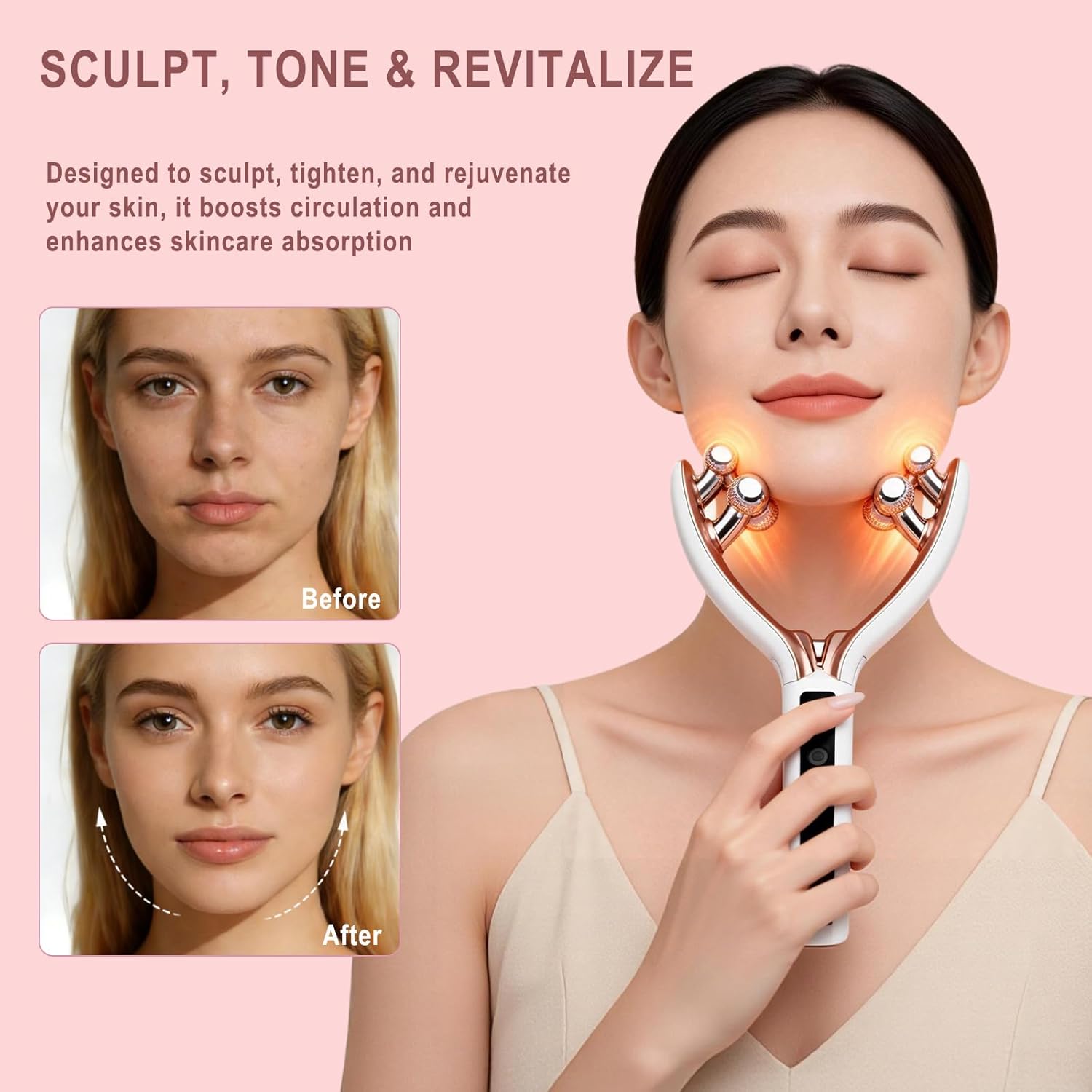 Microcurrent Facial Massager with LCD Screen, Electric Face Roller for Lifting & Toning, EMS Skin Tightening Device for Puffiness & Fine Lines, USB Rechargeable V-Shape Tool